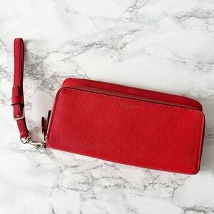 5. Coach Legacy Double Zip Around Accordion Wallet Bright Coral Red Leather